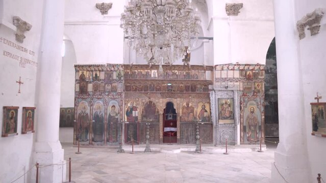 Saint Barnabas Monastery interior architecture and icons in Famagusta, North Cyprus