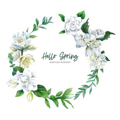 Hand drawn vector watercolor wreath with white jasmine