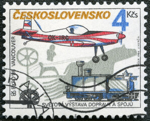 CZECHOSLOVAKIA - 1986: shows Z 50 LS monoplane,  Cenyerth Prague Kladno locomotive, Sahara Desert rock drawing, EXPO 86, Vancouver, 1986