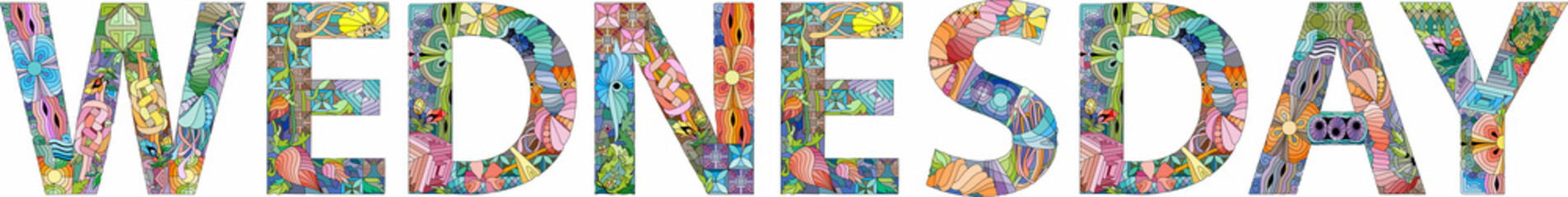 The word Wednesday. Colorful day of the week card.