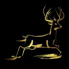 Golden deer running with brush stroke painting over black background