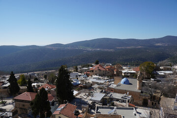 View of the old city of Safed with the Galilee mountains Close to tomb of Rabbi Shimon Bar Yochai