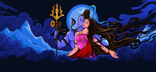 Lord Shiva and Goddess Parvati in mount of Himalaya
