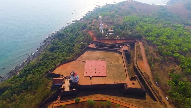 A drone shot of Fort Aguada in Sinquerim, Goa, India.