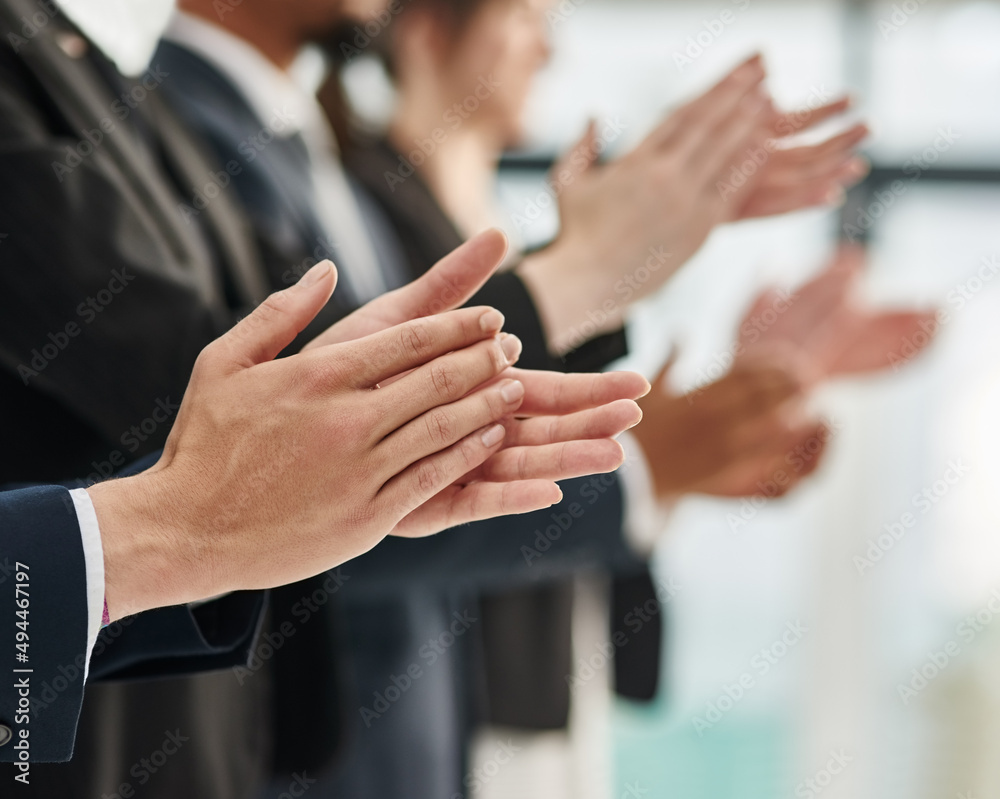 Aufkleber Another fine seminar in the books. Closeup shot of a group of executives clapping while standing in a row in an office.
