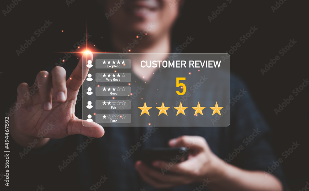 Poster businessman touching virtual monitor screen for client excellent evaluate score after customer use p