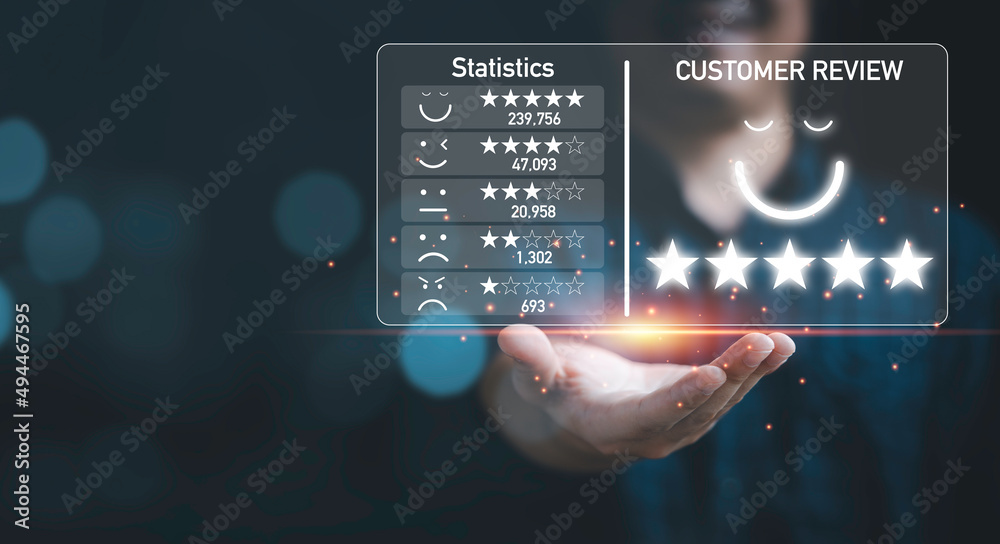 Poster Businessman holding virtual monitor screen for client excellent evaluate score after customer use product and service concept.