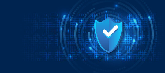 Cyber security and data protection. Shield icon, future technology for verification. Abstract high tech background. Data security system, information, or network protection.
