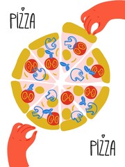 Pizza cartoon poster illustration. Pizza abstract banner. Funny colored typography poster, apparel print design, restaurant menu decoration. Colored food poster wall. Pizza ingredients hand drawing