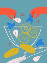 Salad still life cartoon poster illustration. vegetables abstract banner. Funny colored typography poster, apparel print design, restaurant menu decoration. food poster. Hands holding vegetables