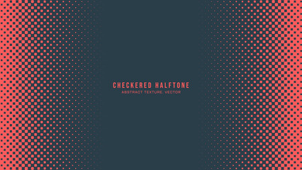 Checkered Halftone Pattern Vector Horizontal Frame Red Blue Abstract Background. Chequered Rounded Square Dots Subtle Texture Pop Art Design Border. Half Tone Contrast Graphic Minimalist Art Wallpaper