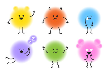 Set of Various Cute Rainbow Doodle Emotion Emoticon Emoji Monster Face Character Design Doll Circle Blur Gradient Cartoon People Kids Bedtime Story Shape Geometry Abstract Isolated Illustration
