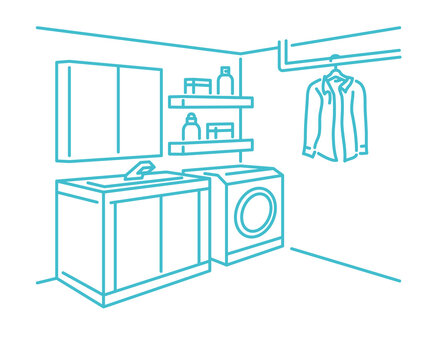 洗面台と洗濯機があるランドリールームの風景