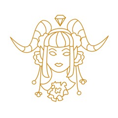 Girl with horns and flowers Outline portrait vector illustration