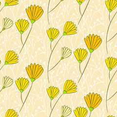 Vector seamless half-drop pattern, with leaves and flowers