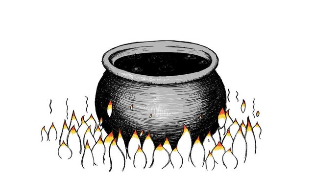 Cartoon boiling kettle or cauldron full of hot tar. Flames undrer it. It is in hell. Dynamic crazy doodle animation. Alpha channel included.
