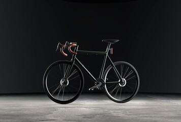 Fototapeta na wymiar green bicycle on black background with studio lighting,3d illustration