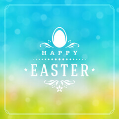 Happy easter greeting card design text template and badge vector design. Happy easter typography message vintage style on bokeh light background