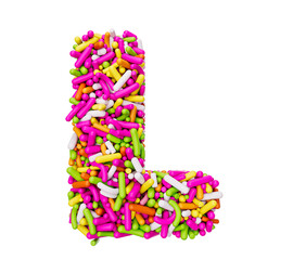 3D render of the letter L made of colorful sprinkles on a white background