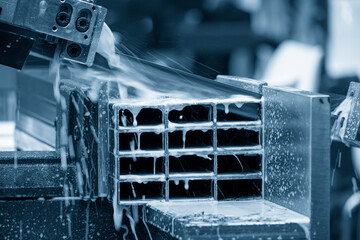 The automatic band saw machine cutting the square tubes with water base coolant method.