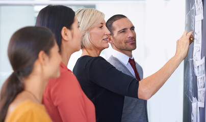 They know how important good planning is. A team of businesspeople drawing up a storyboard on a chalkboard in the office.