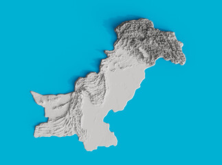 3D render of a white satellite map of Pakistan in a blue background