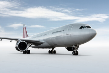 Fototapeta na wymiar White wide body passenger airliner isolated on bright background with sky