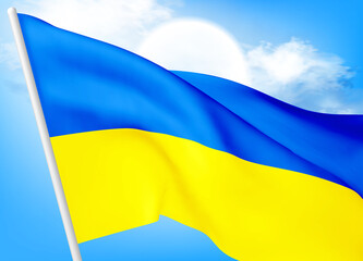 Flag of Ukraine against a clear blue sky. The symbol of patriotism of the Ukrainian nation, a blue-yellow silk banner, flutters in the rays of light. Vector 3d realistic illustration. Vector EPS10