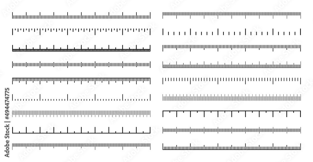 Wall mural Various measurement scales with divisions. Realistic scale for measuring length or height in centimeters, millimeters or inches. Ruler, tape measure marks, size indicators. Vector illustration