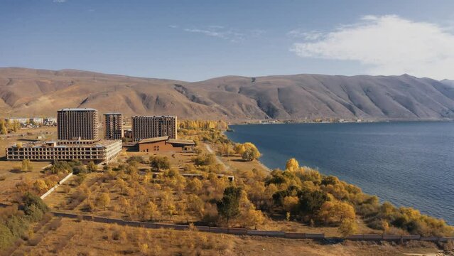 Aerial, Abandoned Buildings Along The Sevan Lake, Armenia
