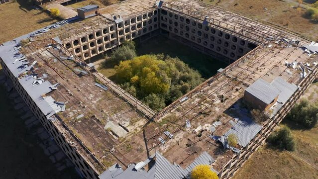 Aerial, Abandoned Buildings Along The Sevan Lake, Armenia