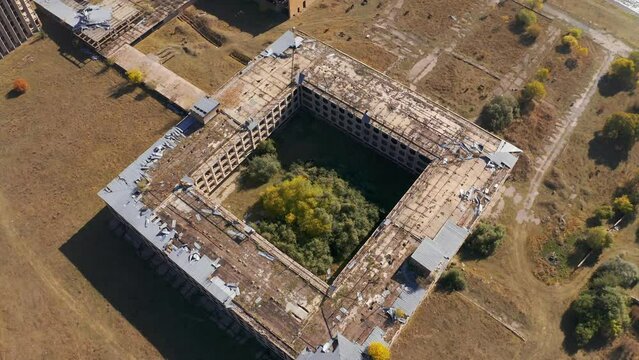 Aerial, Abandoned Buildings Along The Sevan Lake, Armenia