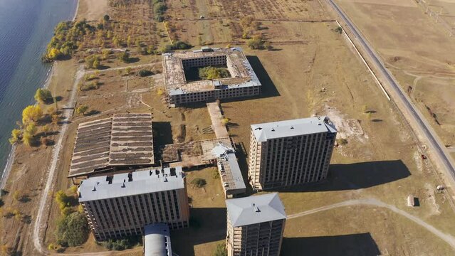 Aerial, Abandoned Buildings Along The Sevan Lake, Armenia