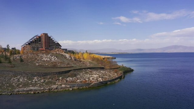 Aerial, Abandoned Hotel At The Sevan Lake, Armenia