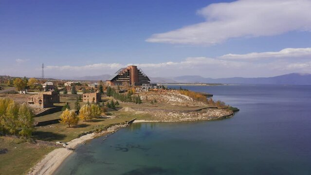 Aerial, Abandoned Hotel At The Sevan Lake, Armenia