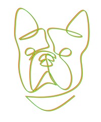abstract one line art drawing of a dog head in red, yellow and green on a white background good for poster