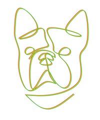 abstract one line art drawing of a dog head in red, yellow and green on a white background good for poster