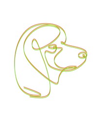 abstract one line art drawing of a dog head in red, yellow and green on a white background