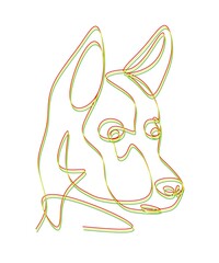 abstract one line art drawing of a dog head in red, yellow and green on a white background good for decoration