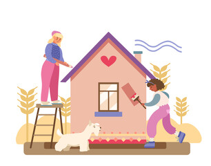 Two women create a house together. Two girls and dog breed work together. Colour palette 2022