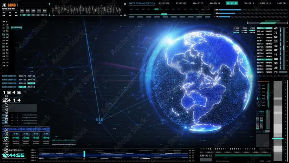 Fototapete HUD Futuristic Interface Control Panel Digital Earth Rotating Data Scanning Information Display.
Earth Spinning 4K Motion Graphic Number, Chart, Text Status Report 4K Motion Background.