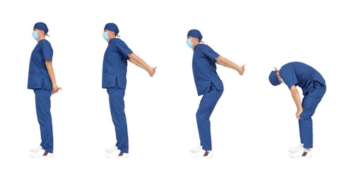 Exercise for medical professionals.Standing medic stretching  arms and back. Profile view