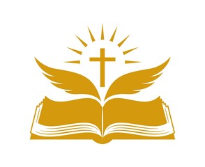 Church logo. Bible and wings symbol of the holy spirit. Flying  wings on the background of an open book. Shining cross. The Word of God that came to us through the Holy Scripture. Isolated. Vector - 494477738