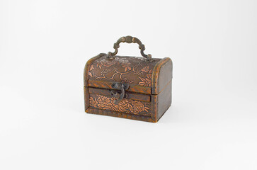 closed vintage wooden chest isolated on white background