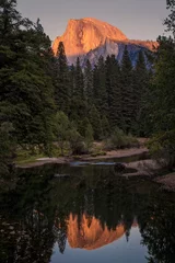 Aluminium Prints Half Dome View of Half Dome Yosemite at sunset with mirroring river
