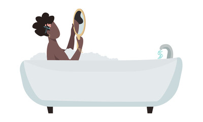 Woman with mirror relaxing in bathtub semi flat color vector character. Full body person on white. Improving mental health simple cartoon style illustration for web graphic design and animation