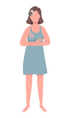 Young woman with breast cancer ribbon semi flat color vector character. Standing figure. Full body person on white. Simple cartoon style illustration for web graphic design and animation