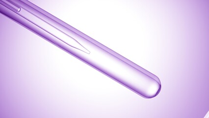 Inclined test tube with transparent liquid and lab dropper inside on purple radial gradient background | Abstract body care cosmetics formulation concept