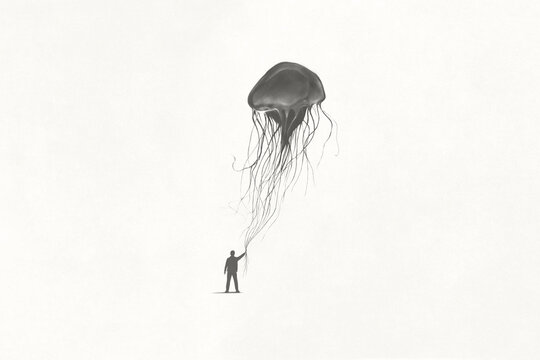 Illustration of man holding a jellyfish, surreal abstract concept
