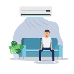 Home air conditioning, room with cooling, a man chilling on the couch under the air conditioning, cool,cold.